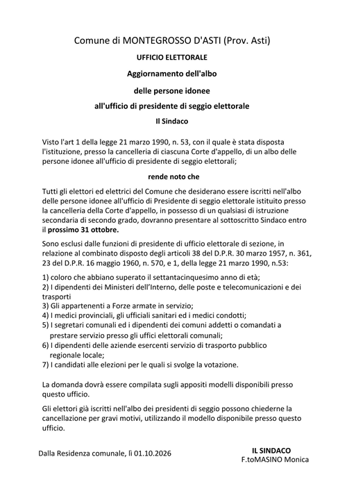 Aggiornamento dell'albo delle persone idonee all'ufficio di presidente di seggio elettorale
