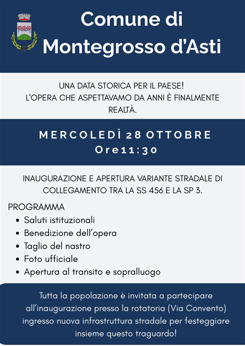 Inaugurazione e apertura della nuova variante stradale di collegamento tra la SS 456 e la SP 3: mercoledì 28 ottobre il taglio del nastro