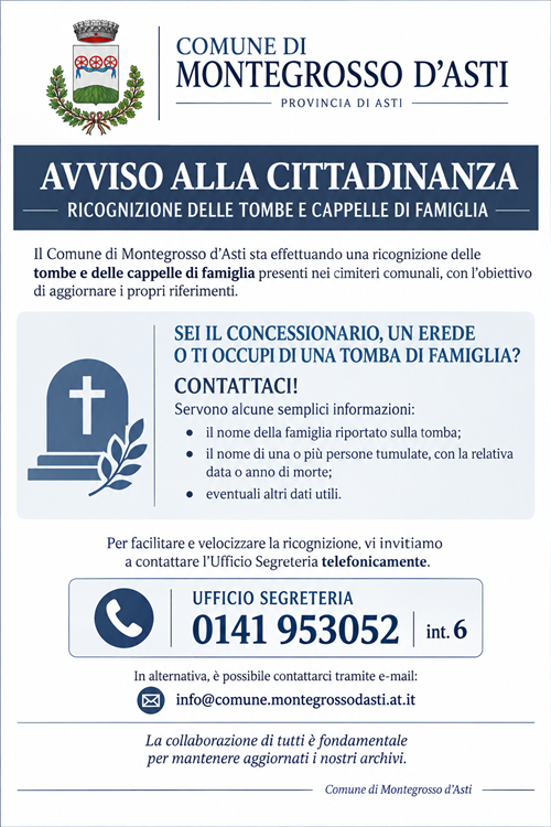 Avviso alla Cittadinanza: Ricognizione delle tombe e delle cappelle di famiglia nei cimiteri comunali